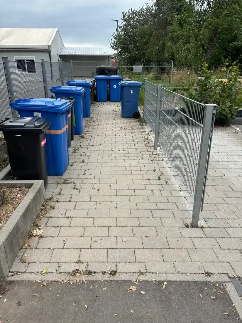 Mülltonnenplatz einer Wohnanlage vor der Reinigung