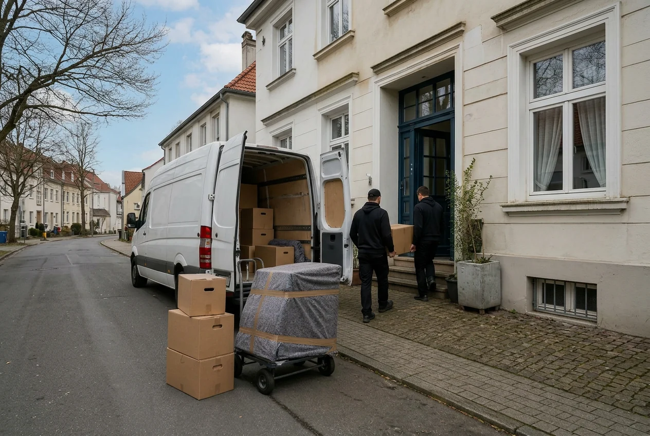 Transporter und Umzugskartons an einem Umzugstag