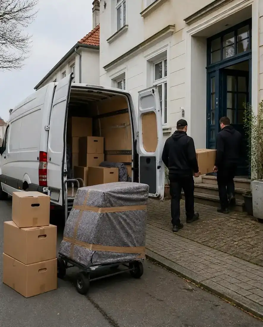 Transporter und Umzugskartons an einem Umzugstag