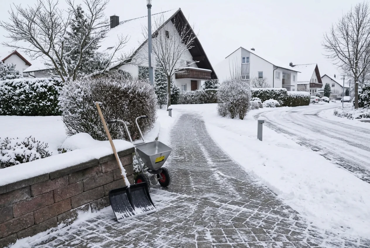 Geräumte und gestreute Hofeinfahrt an einem verschneiten Wintermorgen